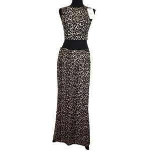 NWT Elleven Leopard Print Crop Top Maxi Skirt Set Two-Piece Brown Black Small